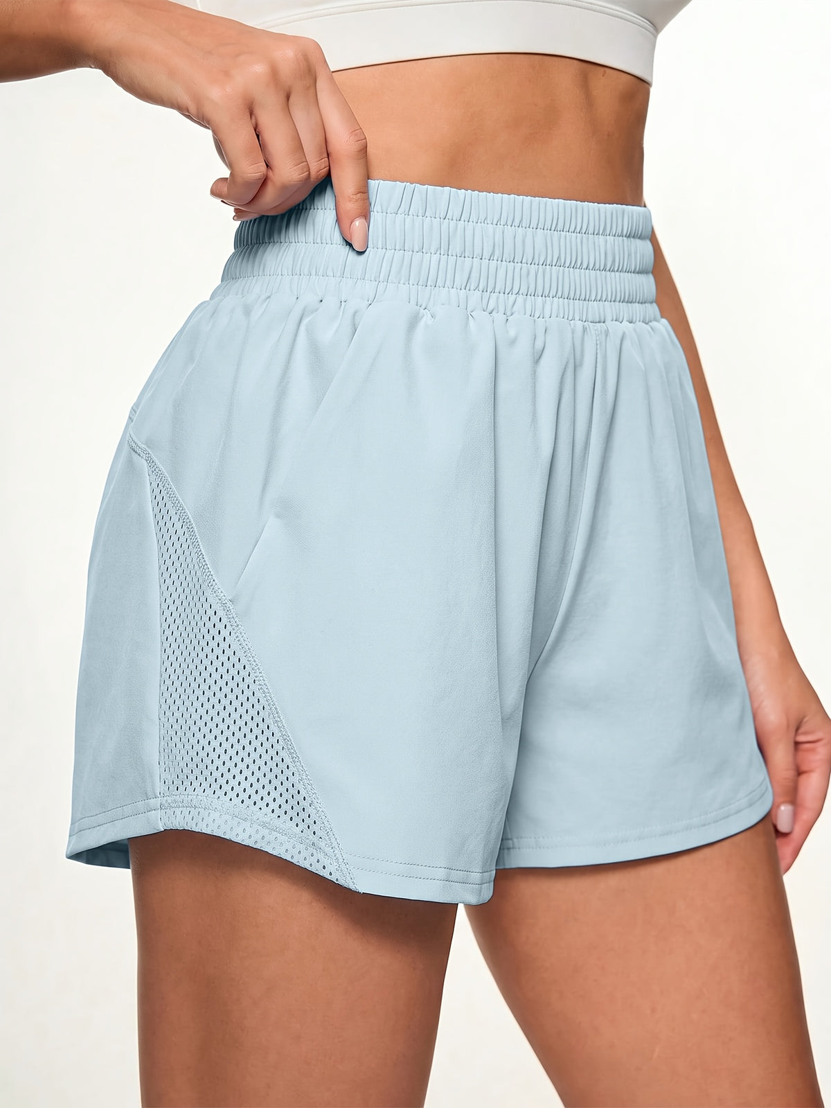 Split Hem Mesh Pocket Running Shorts - Sky Blue