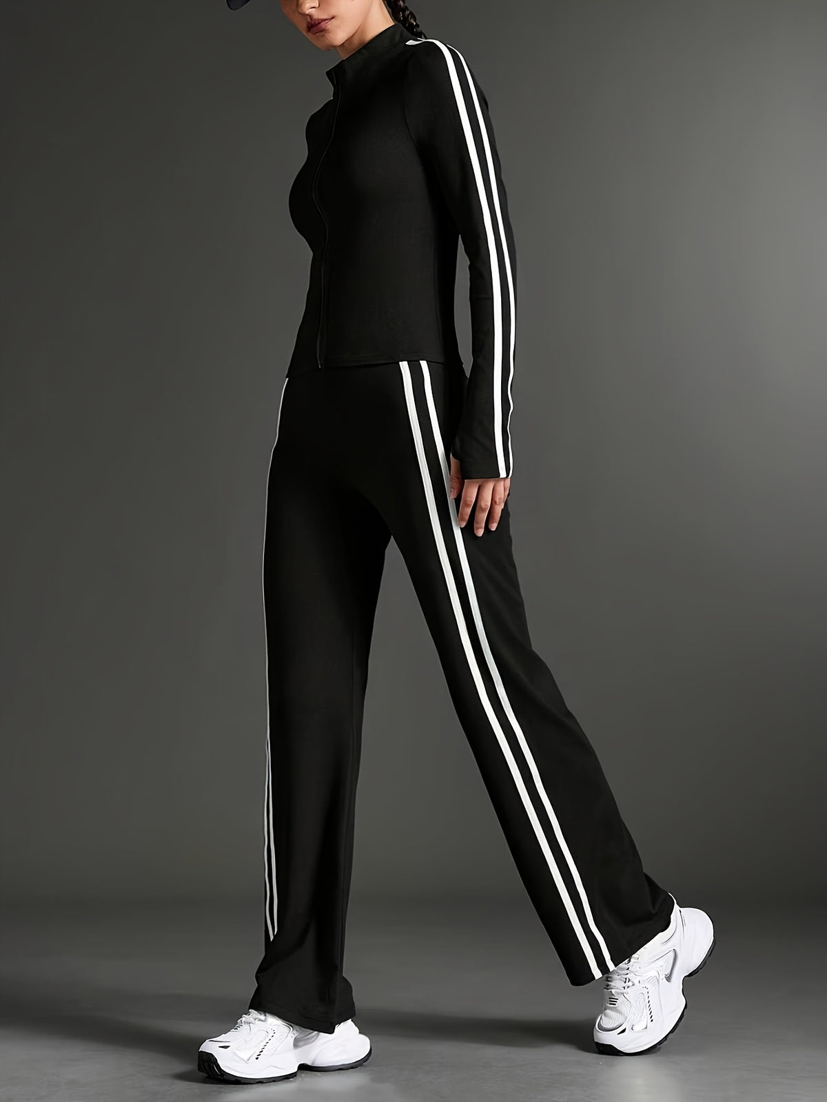 Thumbhole Crop Jacket & Wide Leg Pants Set - Black