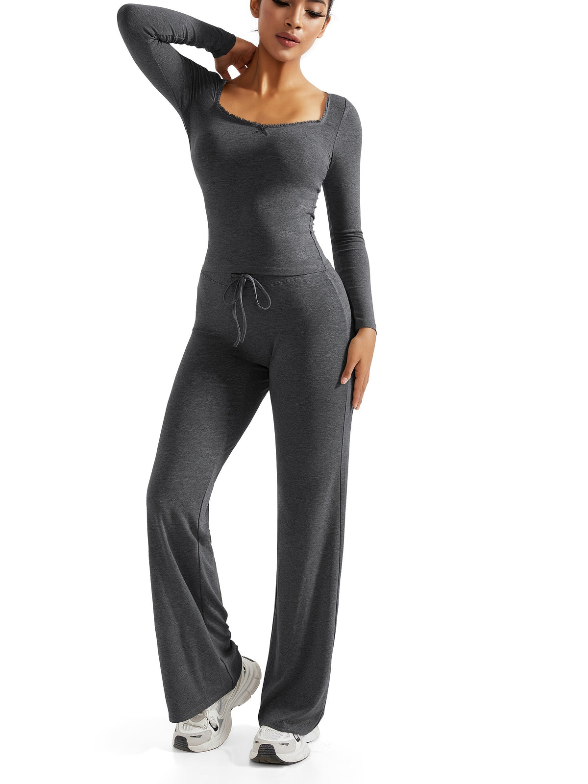 Long Sleeve Top & Straight Leg Pants Set - Dark Gray