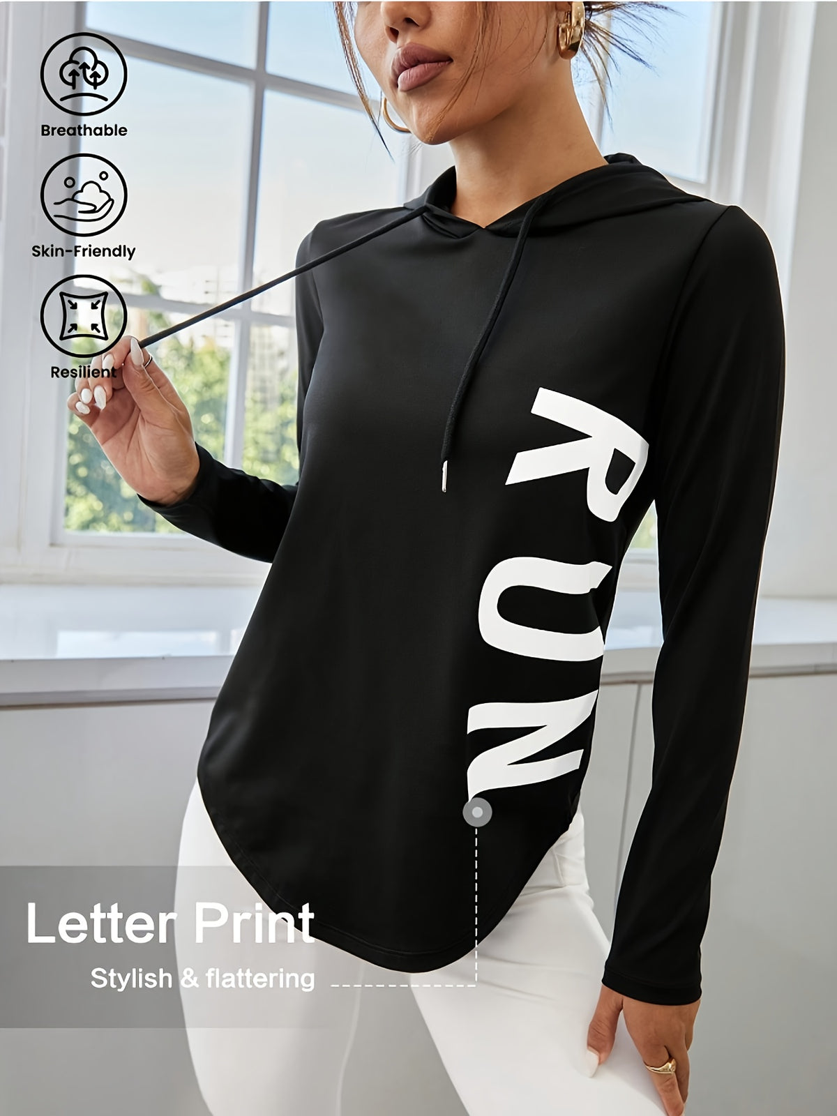 Letter Print Hooded Athletic Top - Black