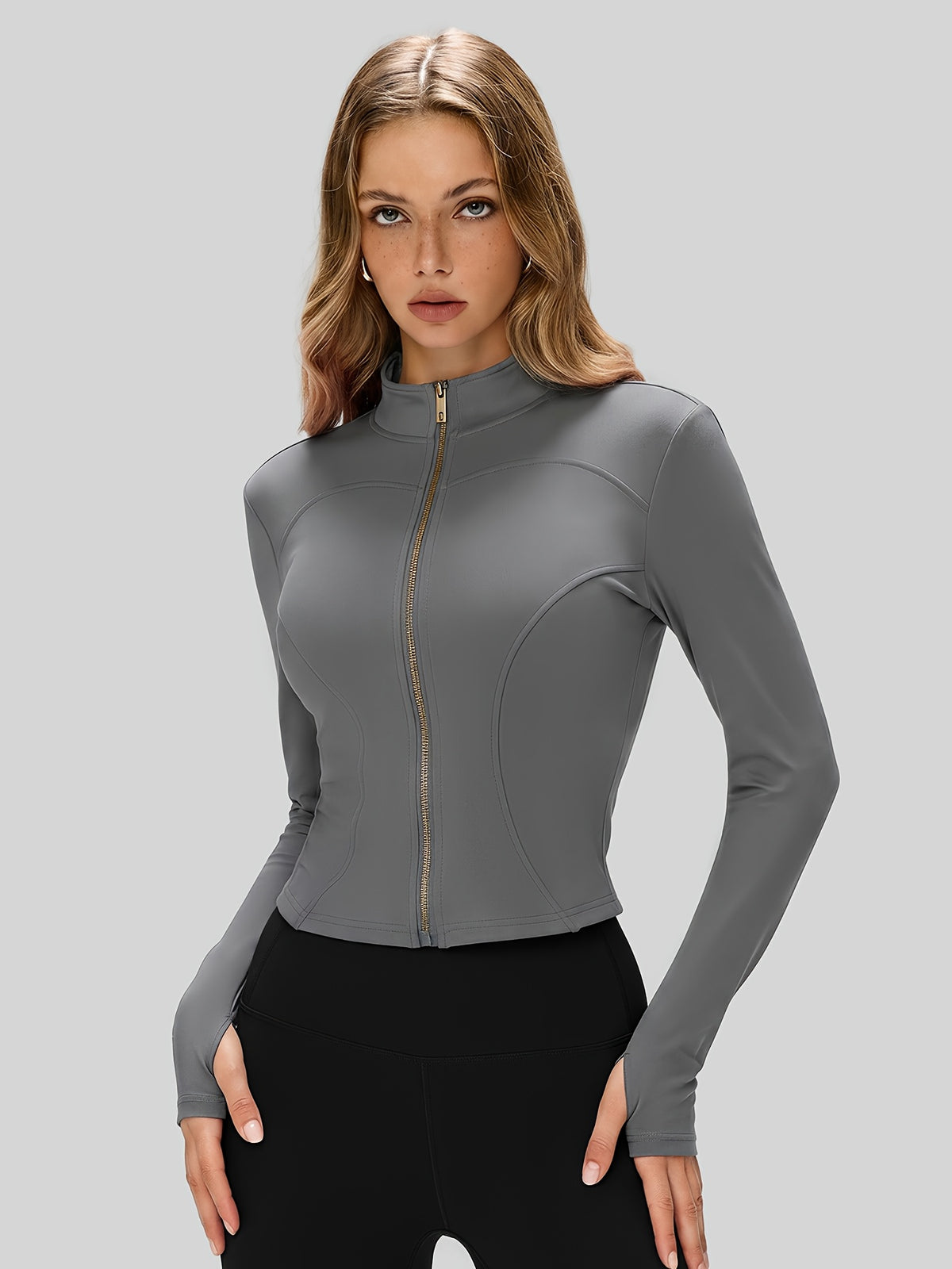 Cropped Thumbhole Zip Jacket - Grey