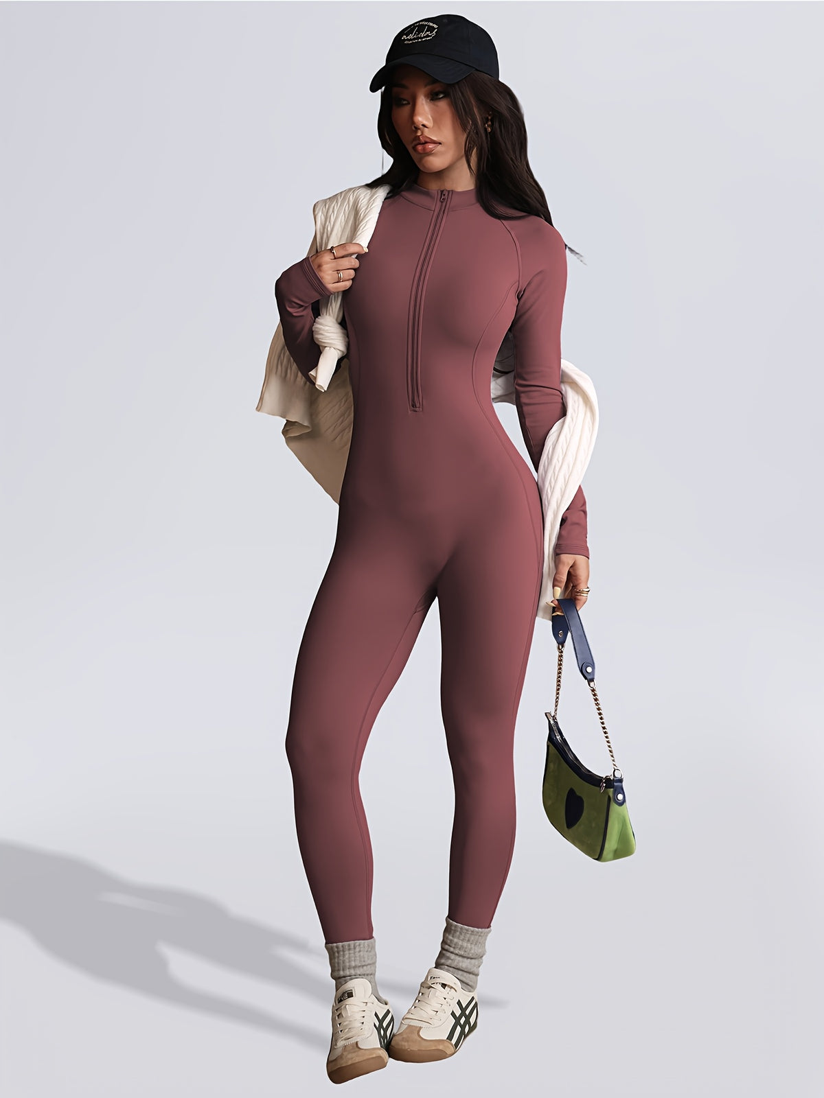 Zip Up Long Sleeve Jumpsuit - Burgundy