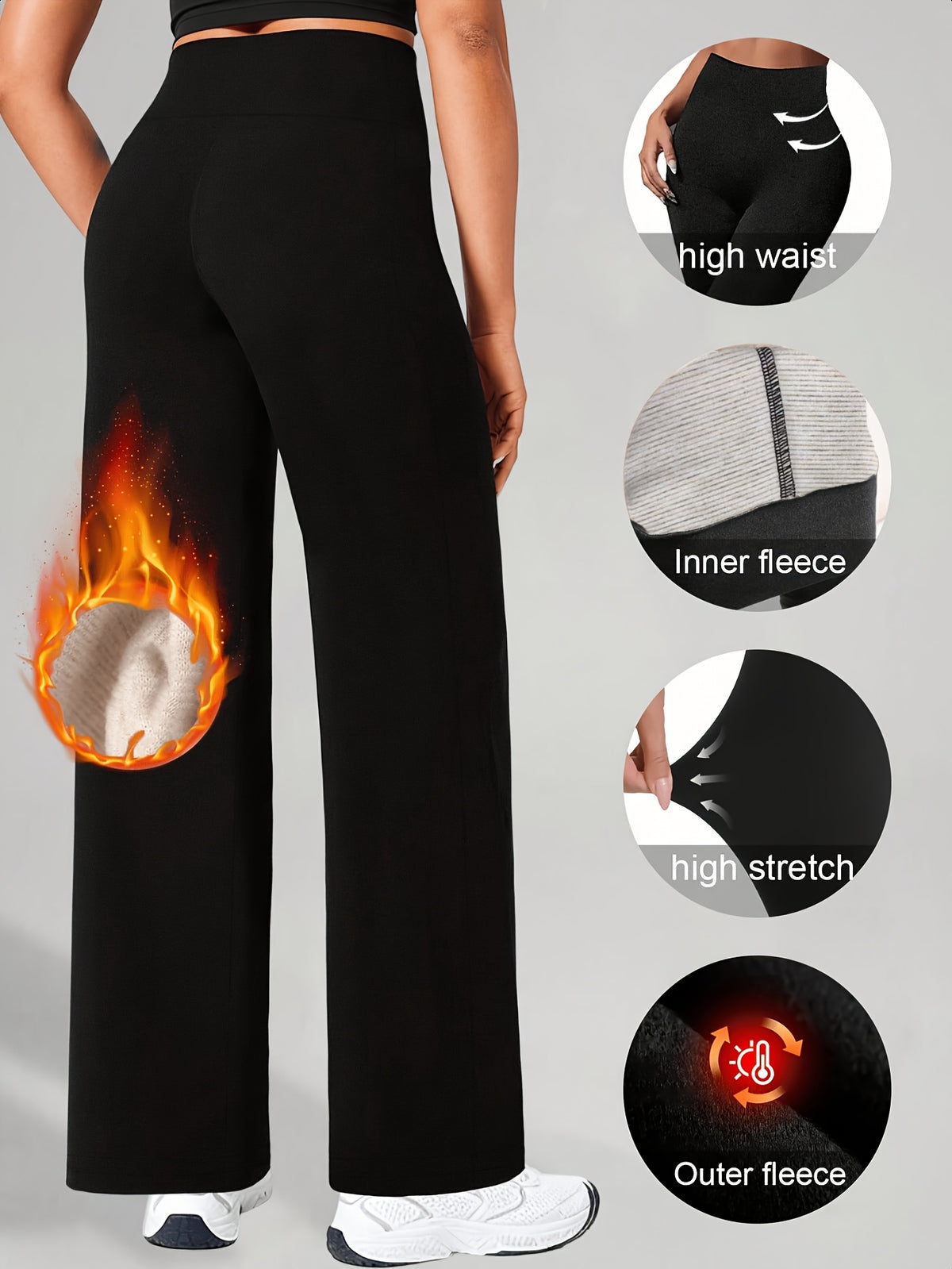Fleece Lined High Waist Wide Leg Pants - Black