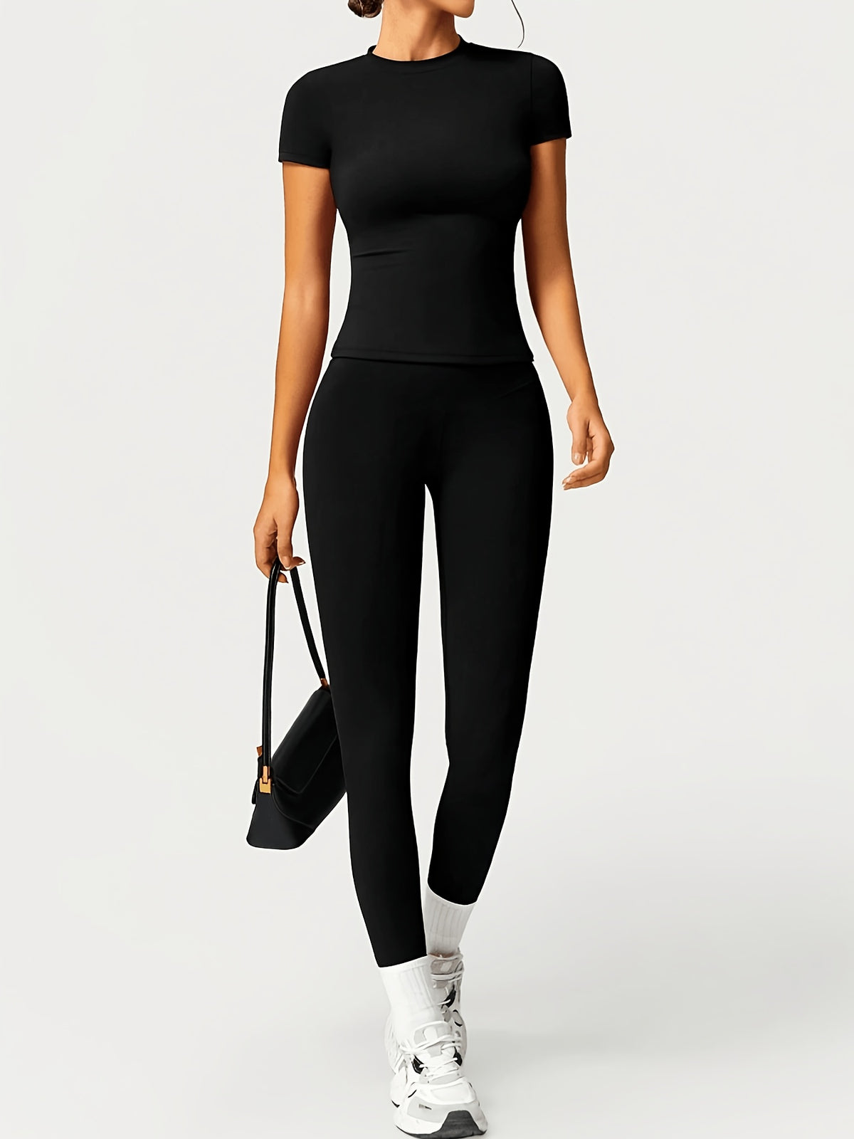 Slim Round Neck Top & Lifting Leggings Set - Black