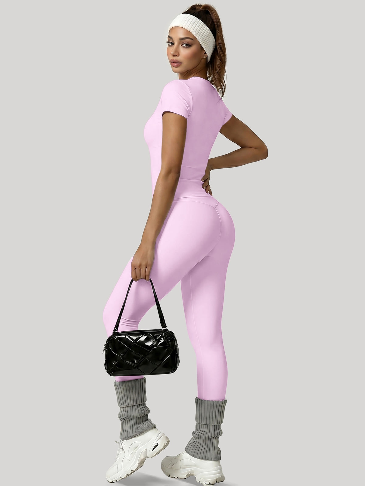 Round Neck Top & Tummy Tuck Leggings Set - Pink