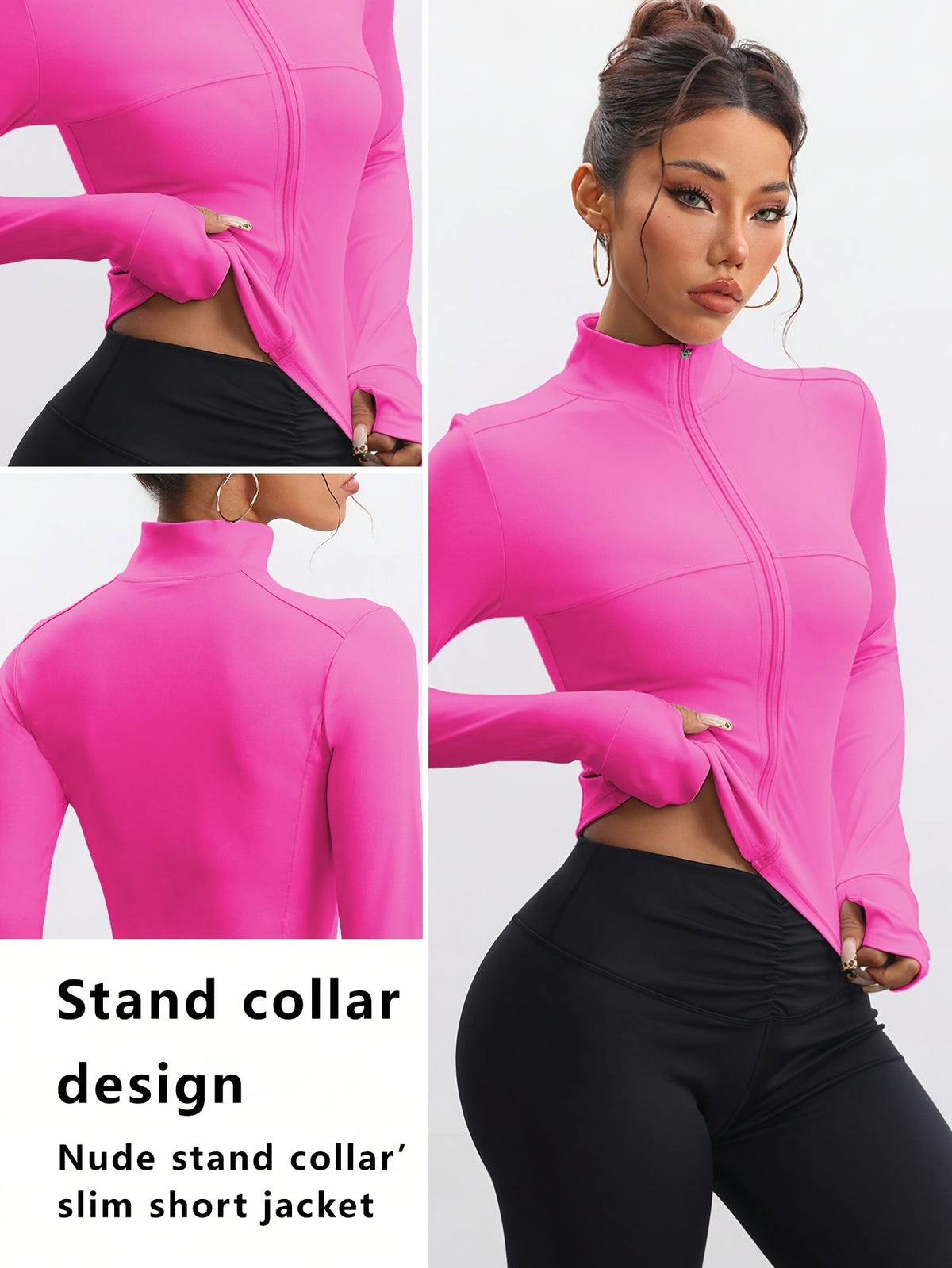 Stand Collar Zip Up Jacket - Bright Pink
