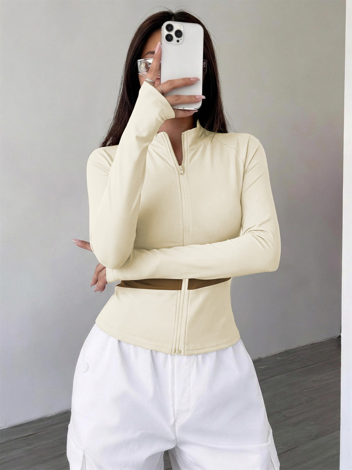 Spliced Full Zip Thumb Loop Top - Ivory White