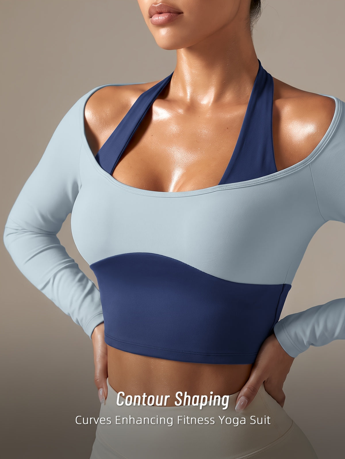 Faux Two-Piece Halter Color Block Top - Blue