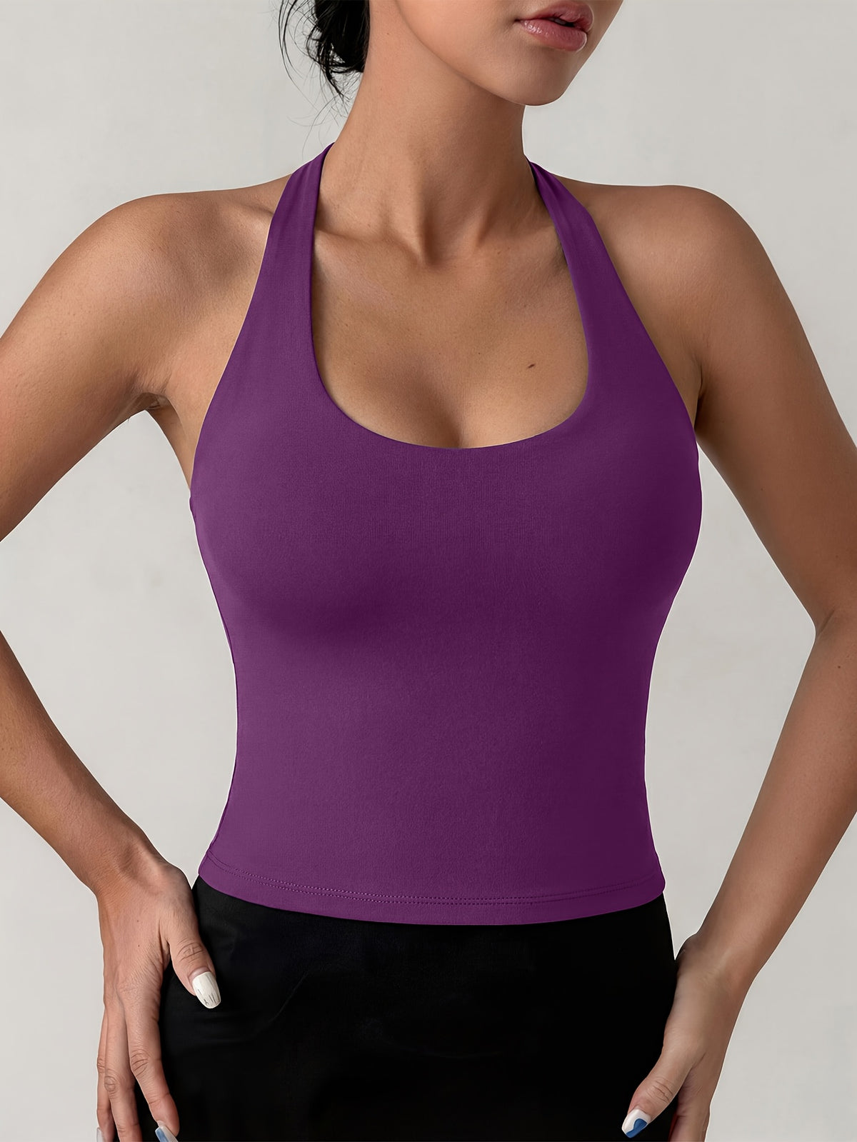 Halter Neck Cross Padded Yoga Top - Purple