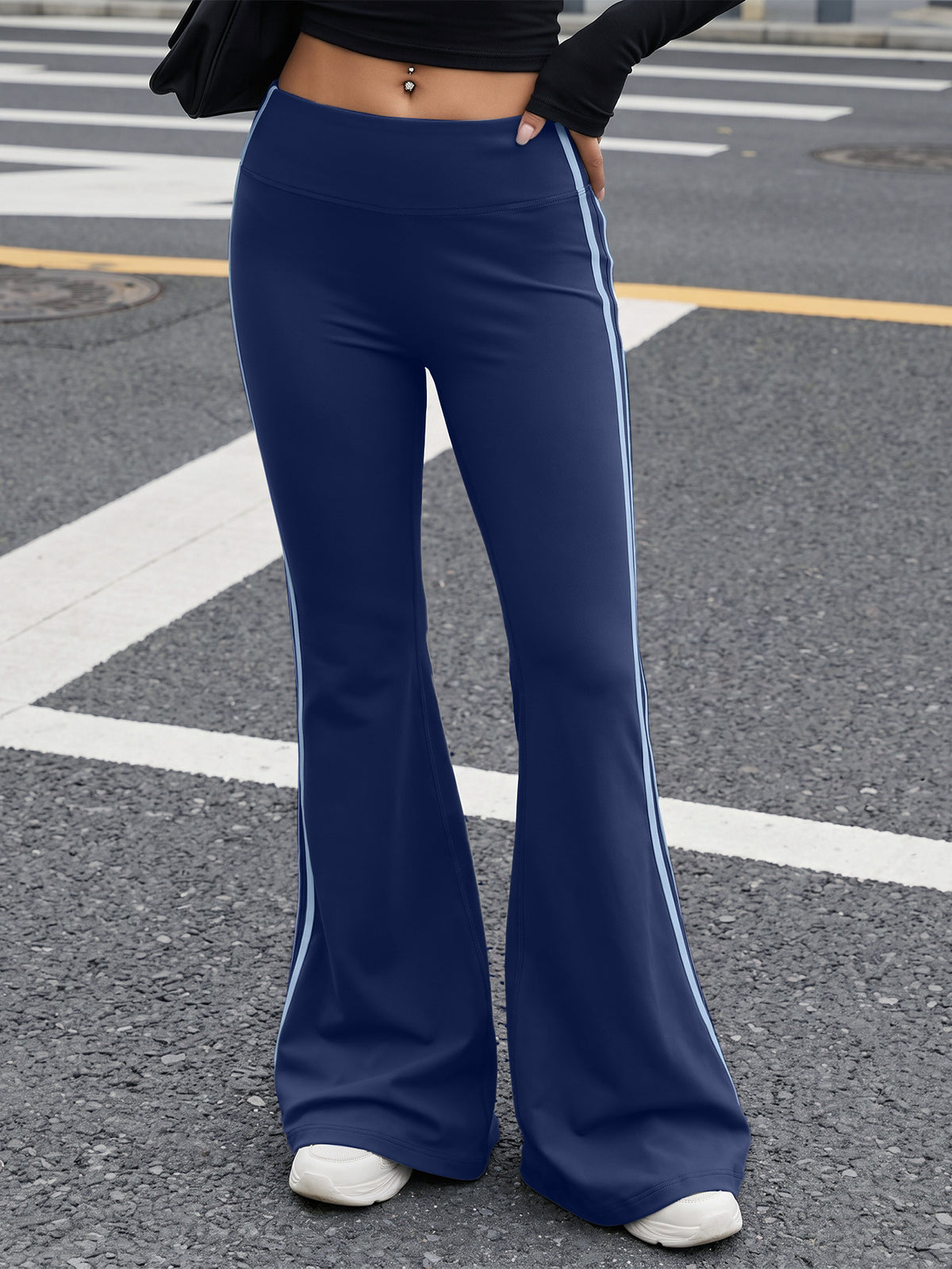 Vertical Stripe High Waist Flare Pants - Navy