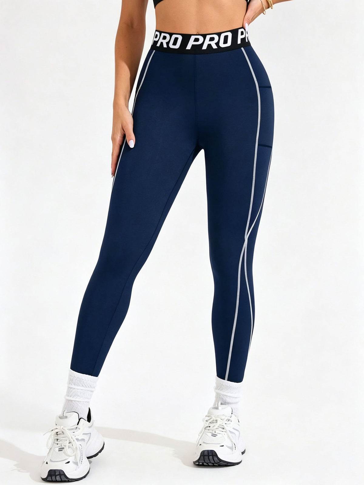 Letter Waistband Double Pocket Leggings - Navy Blue