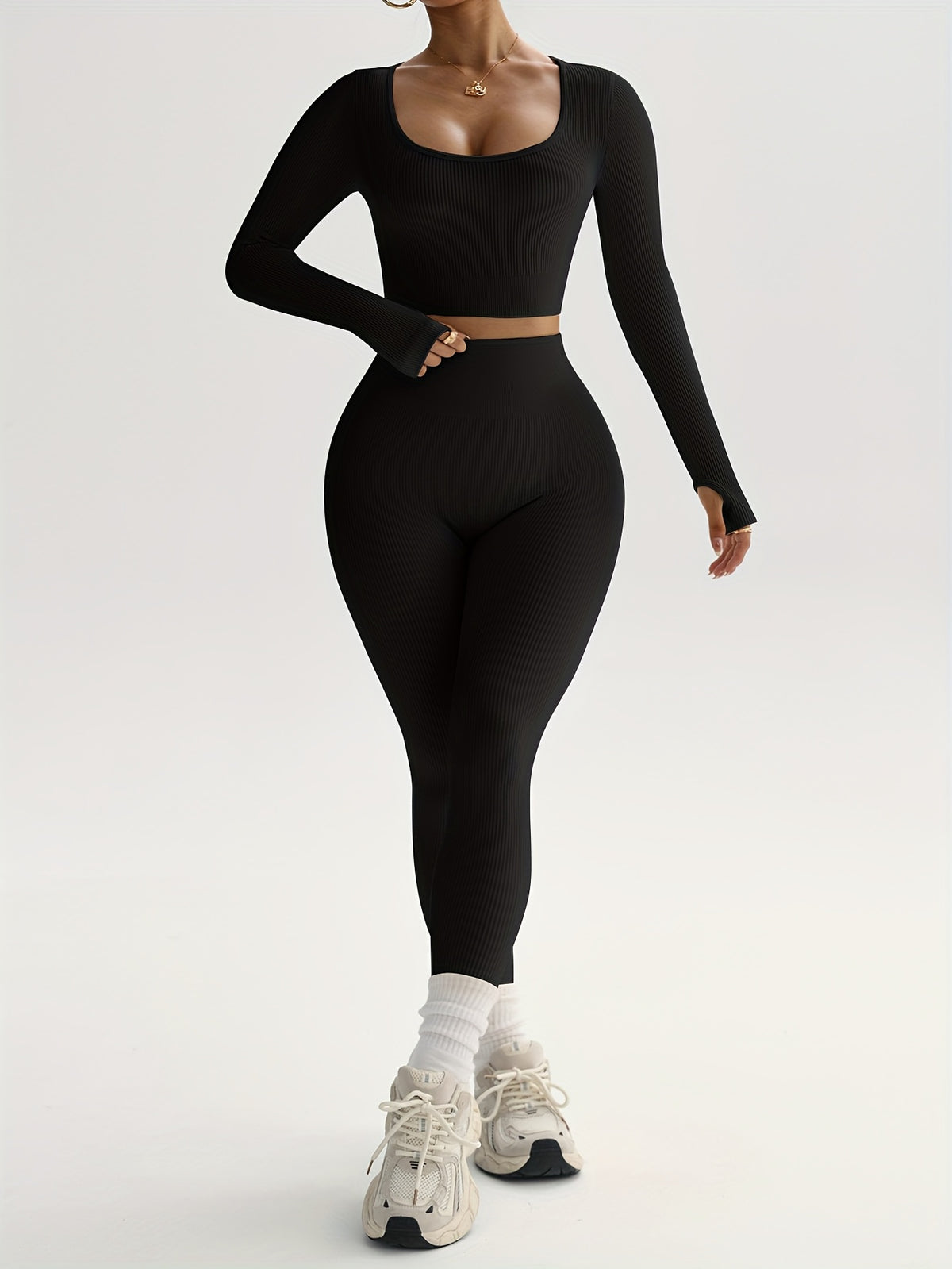 Ribbed Long Sleeve Top & Leggings Set - Black