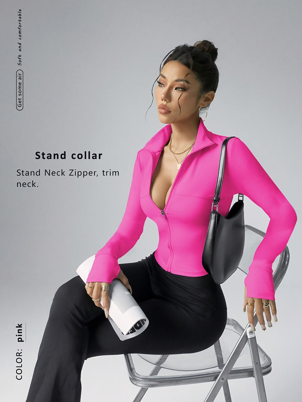 Stand Collar Zip Up Jacket - Bright Pink