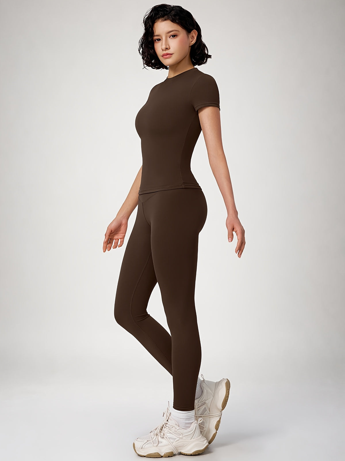 Crew Neck Crop Tee & Leggings Set - Espresso