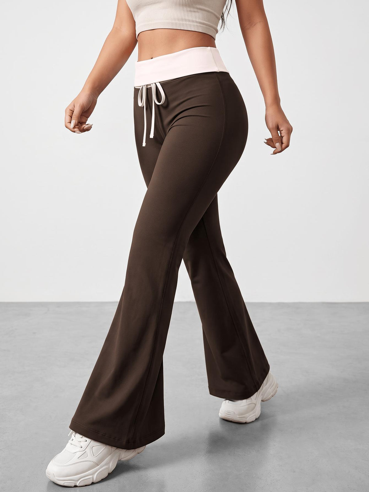 Ruffled Waist Drawstring Trousers - Coffee