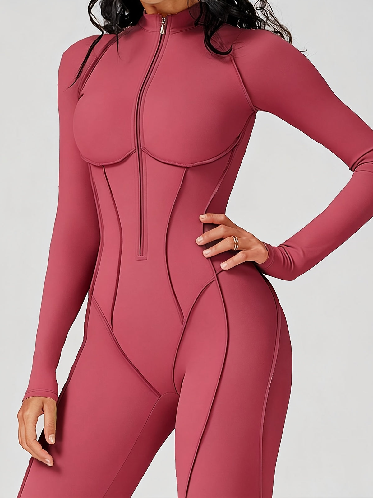 Half Zip Long Sleeve Jumpsuit - Red Bean