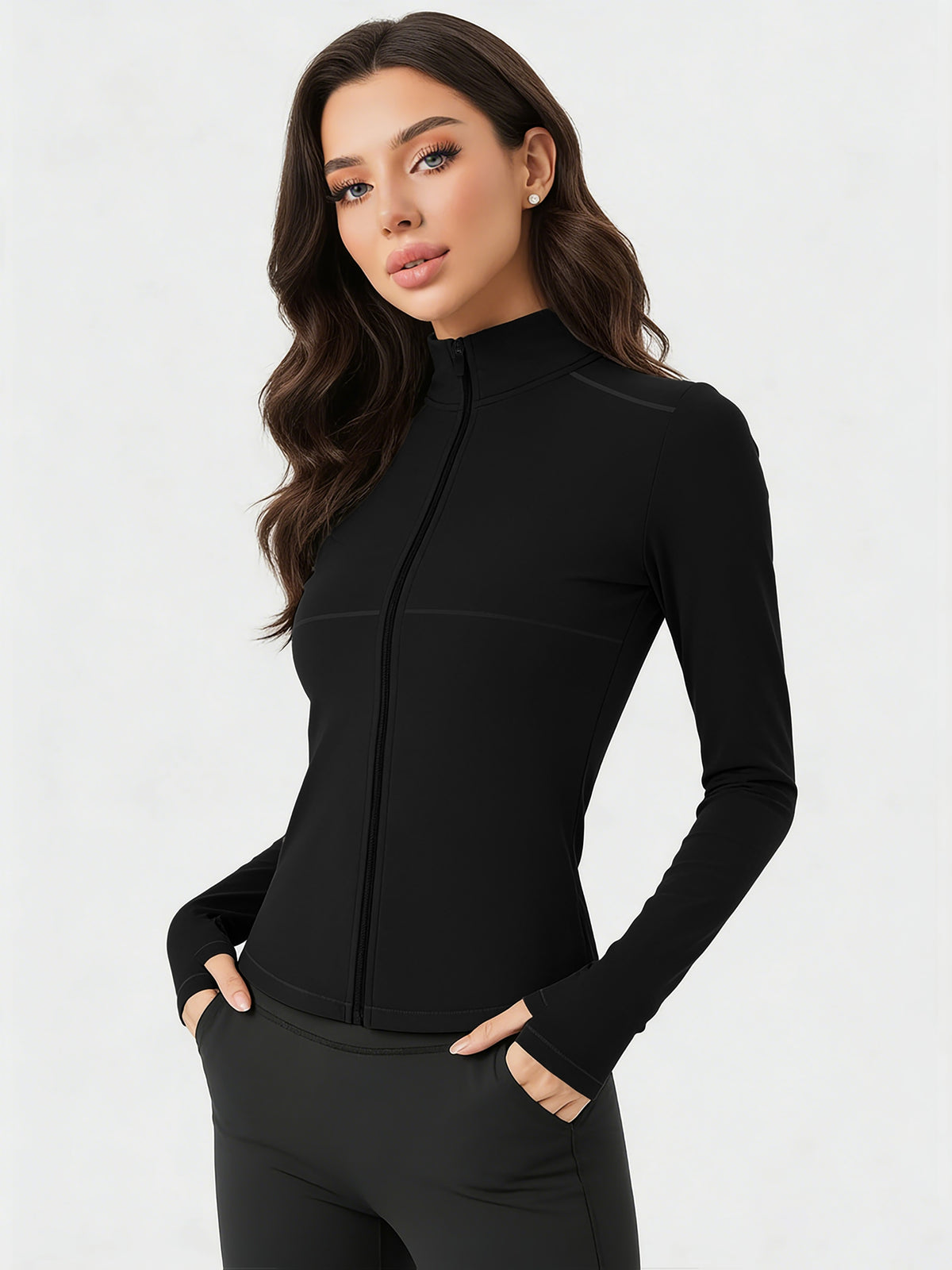 Thumb Hook Full Zip Athletic Jacket - Black