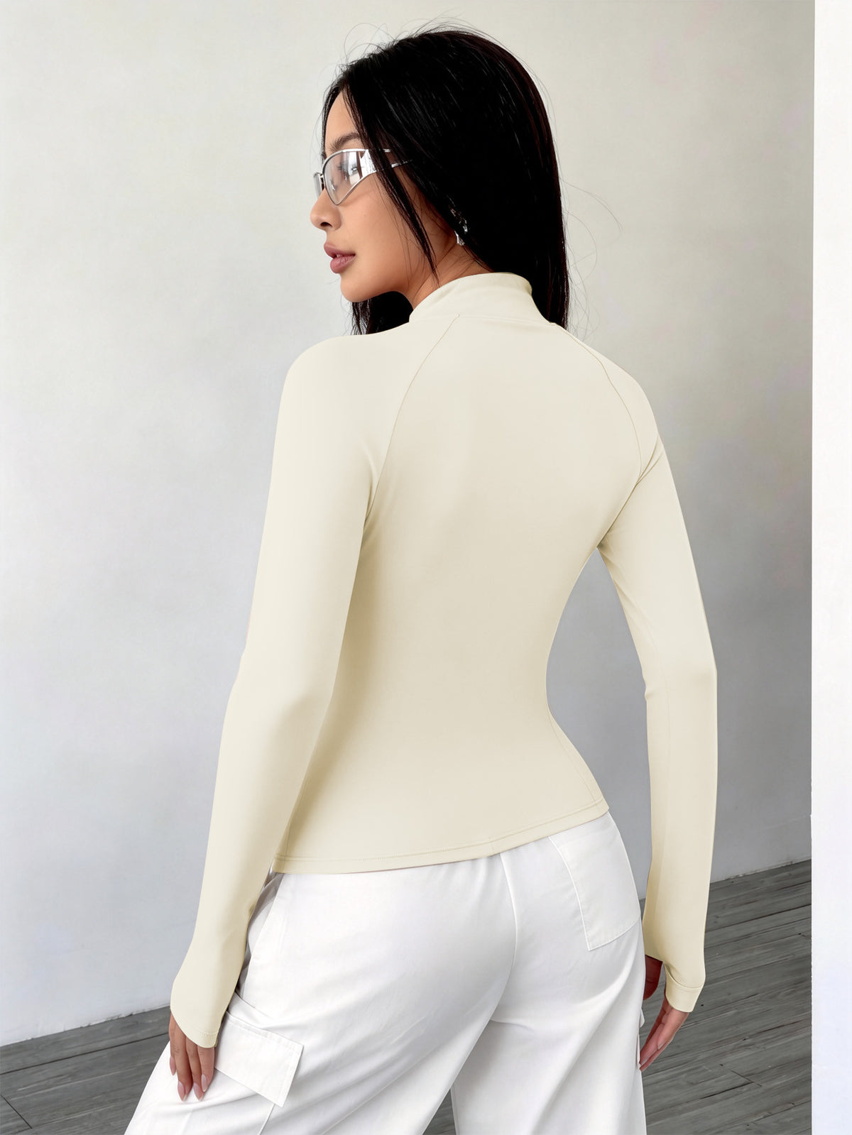 Spliced Full Zip Thumb Loop Top - Ivory White