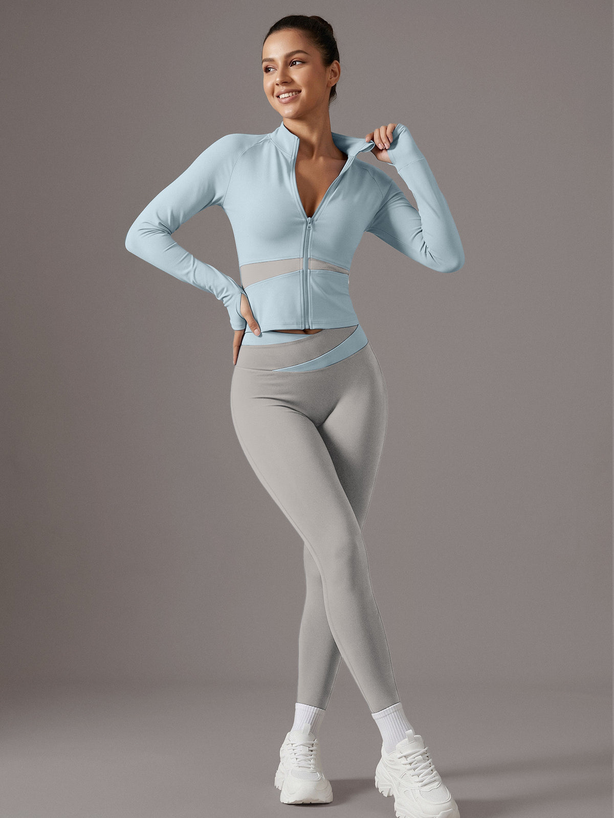 Color Block Cardigan Jacket & Slim Pants Set - Light Blue & Light Grey