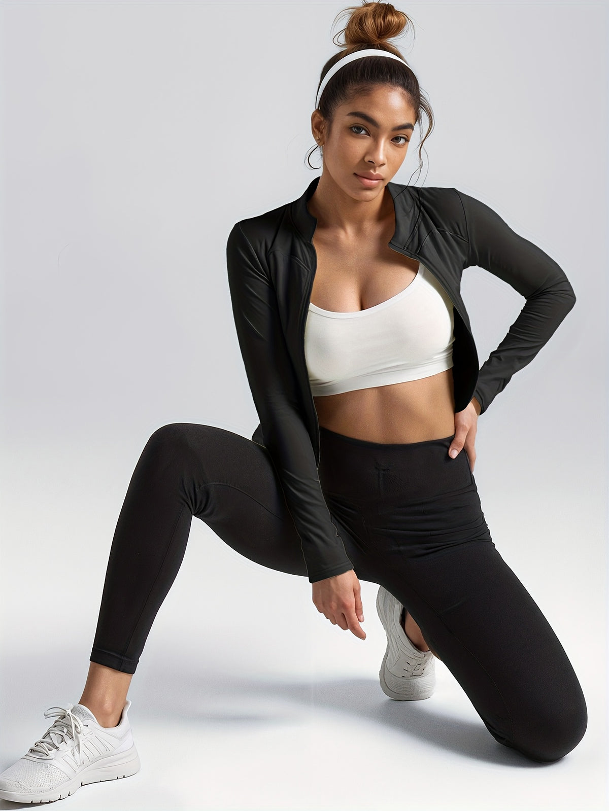 Fleece Stand Collar Jacket & Tights Set - Black & White
