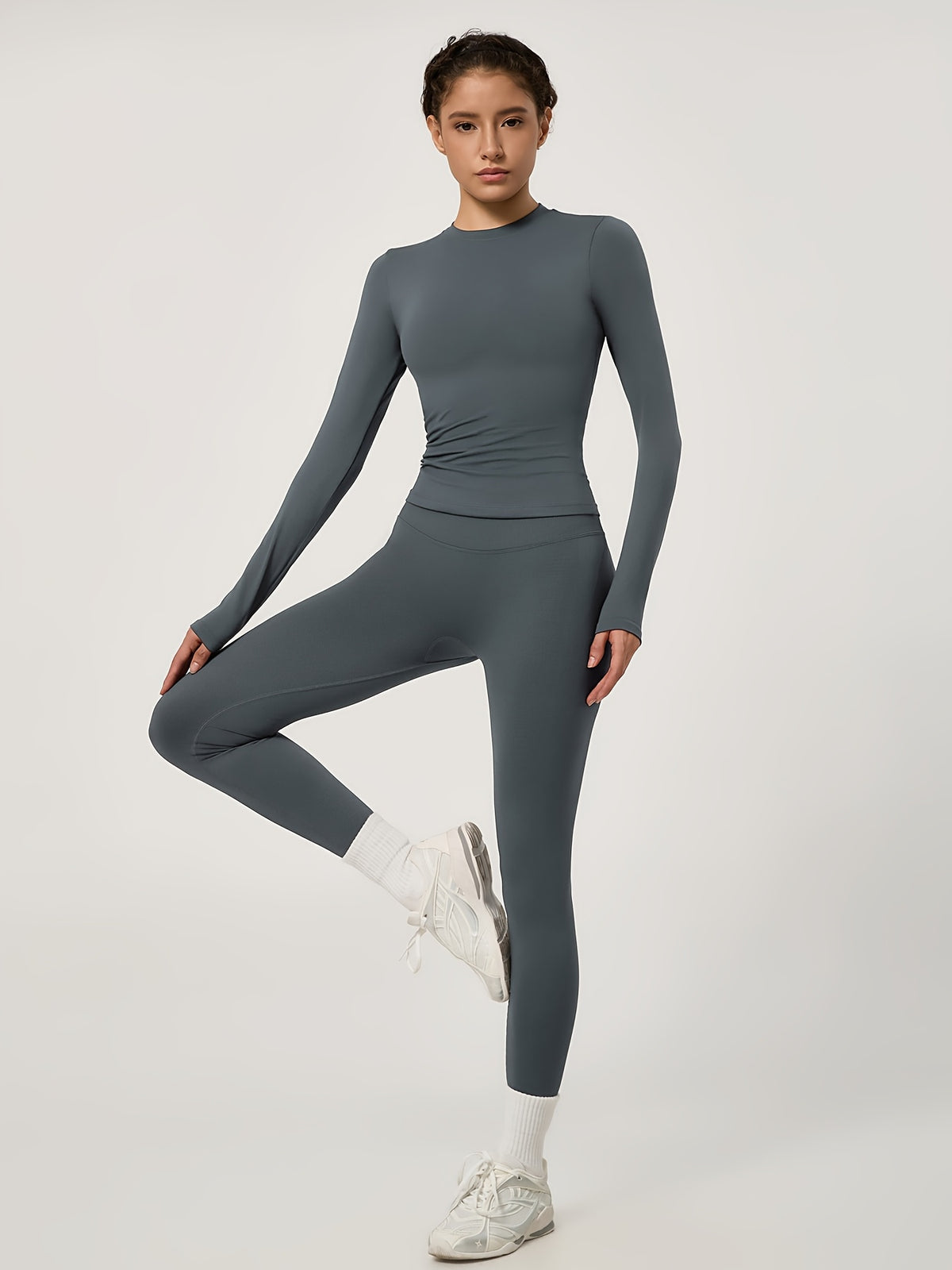 Long Sleeve Top & Seamless Leggings Set - Dark Grey