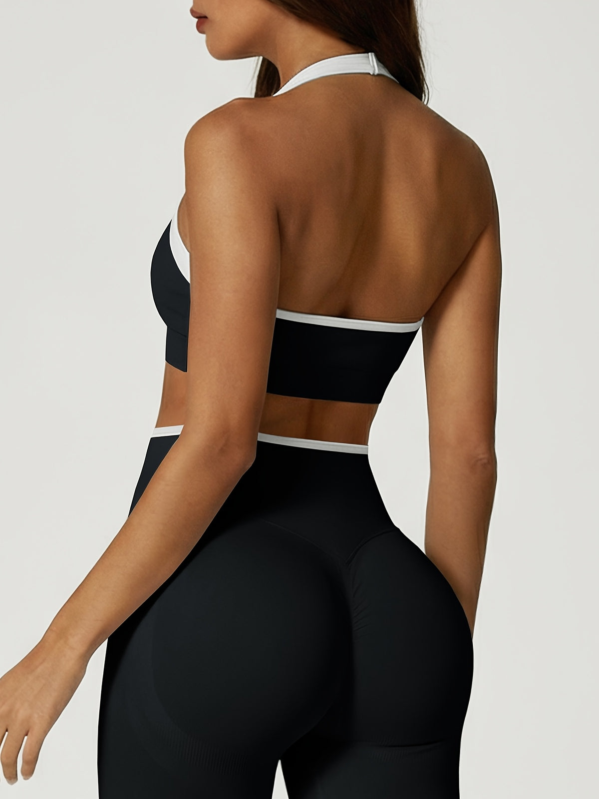 Contrast Trim Halter Bra & Shorts Set - Black