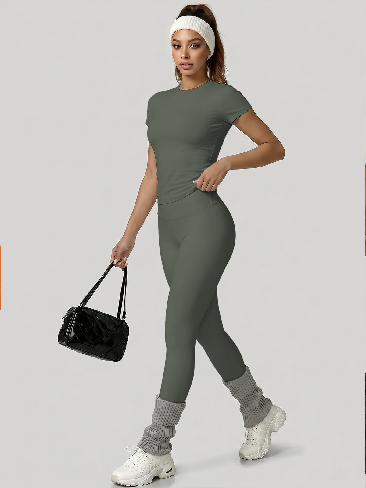 Round Neck Top & Tummy Tuck Leggings Set - Yellow Green