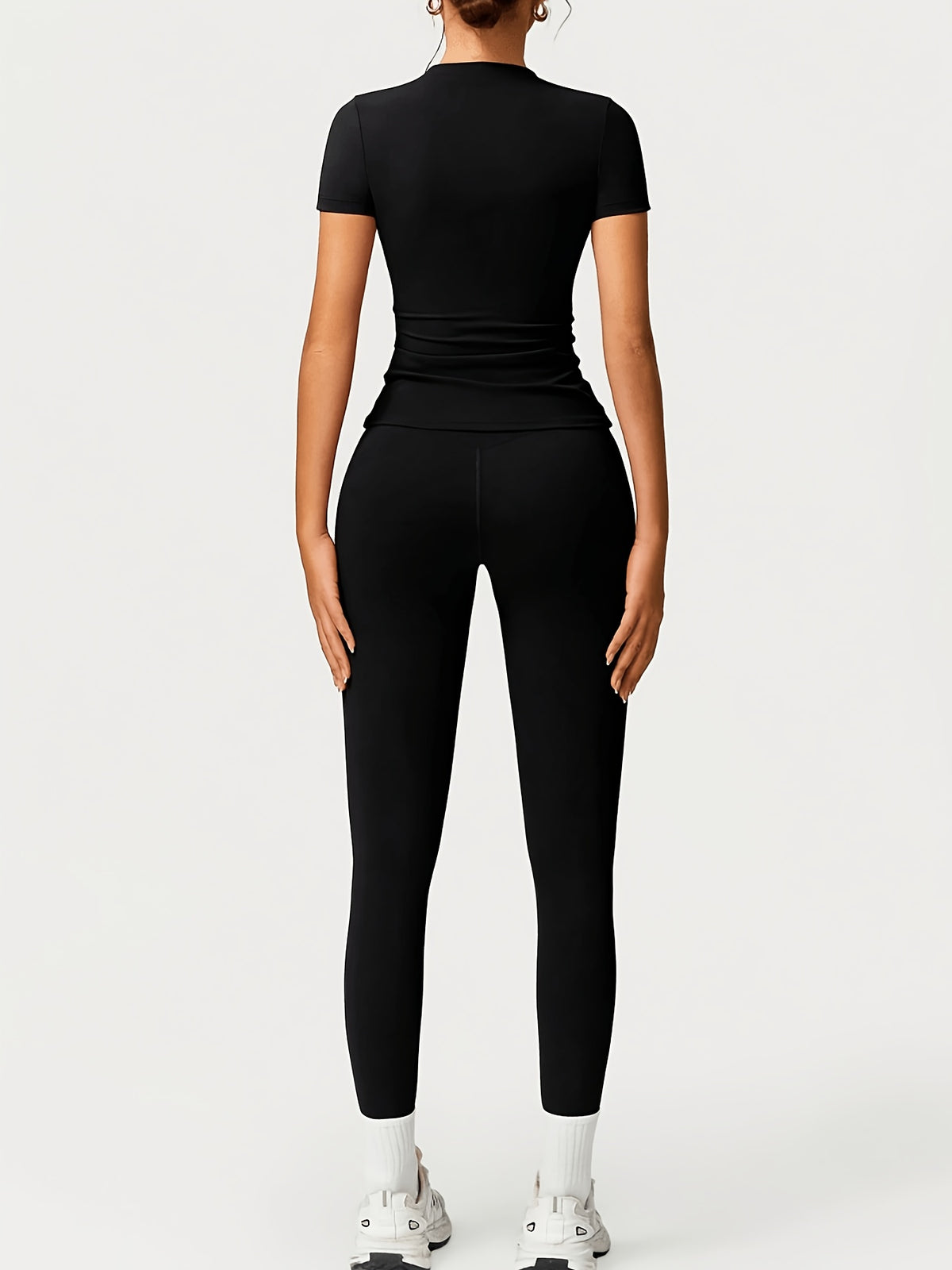 Slim Round Neck Top & Lifting Leggings Set - Black