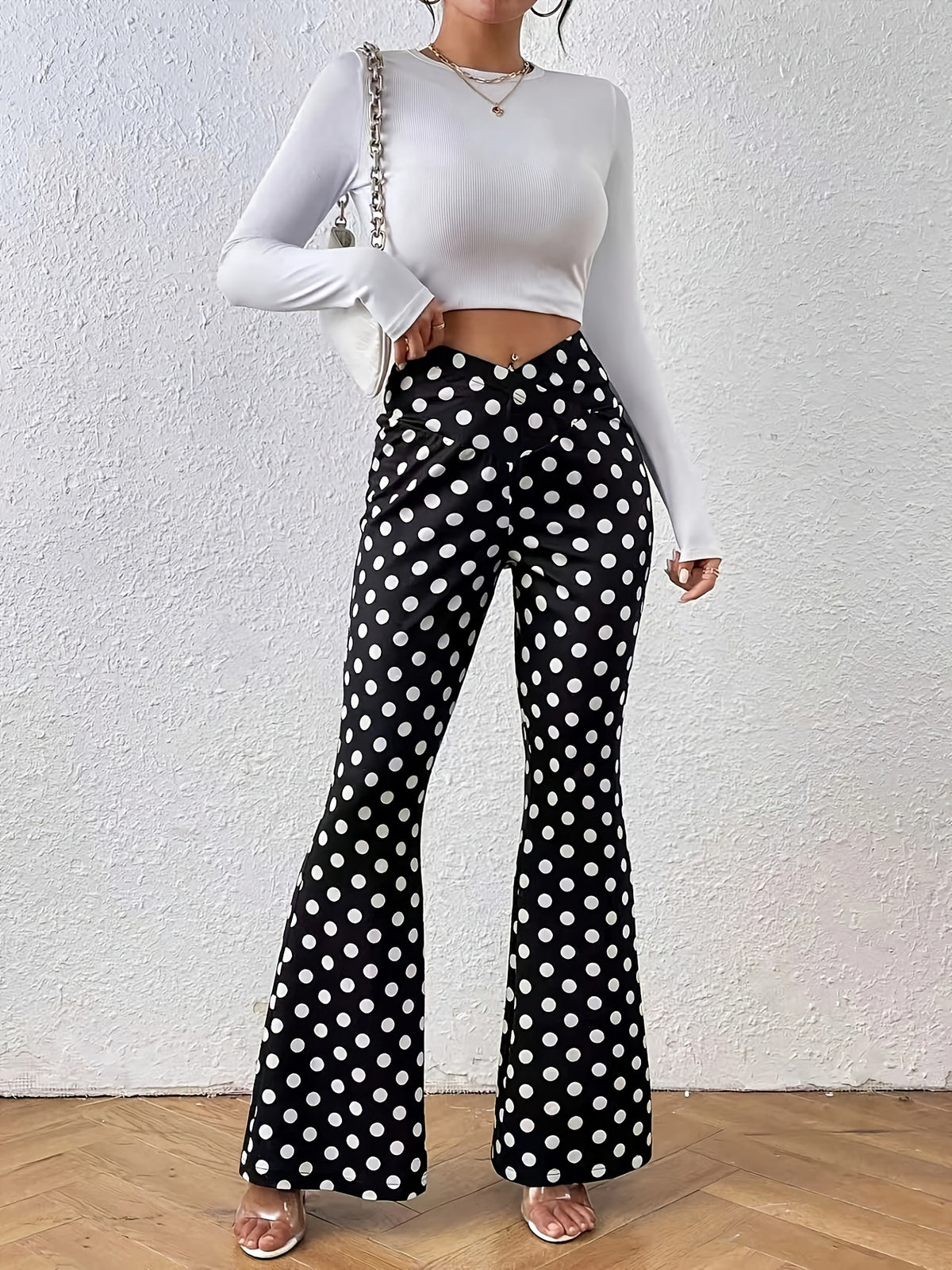 Polka Dot V Waist Flare Leggings - Black