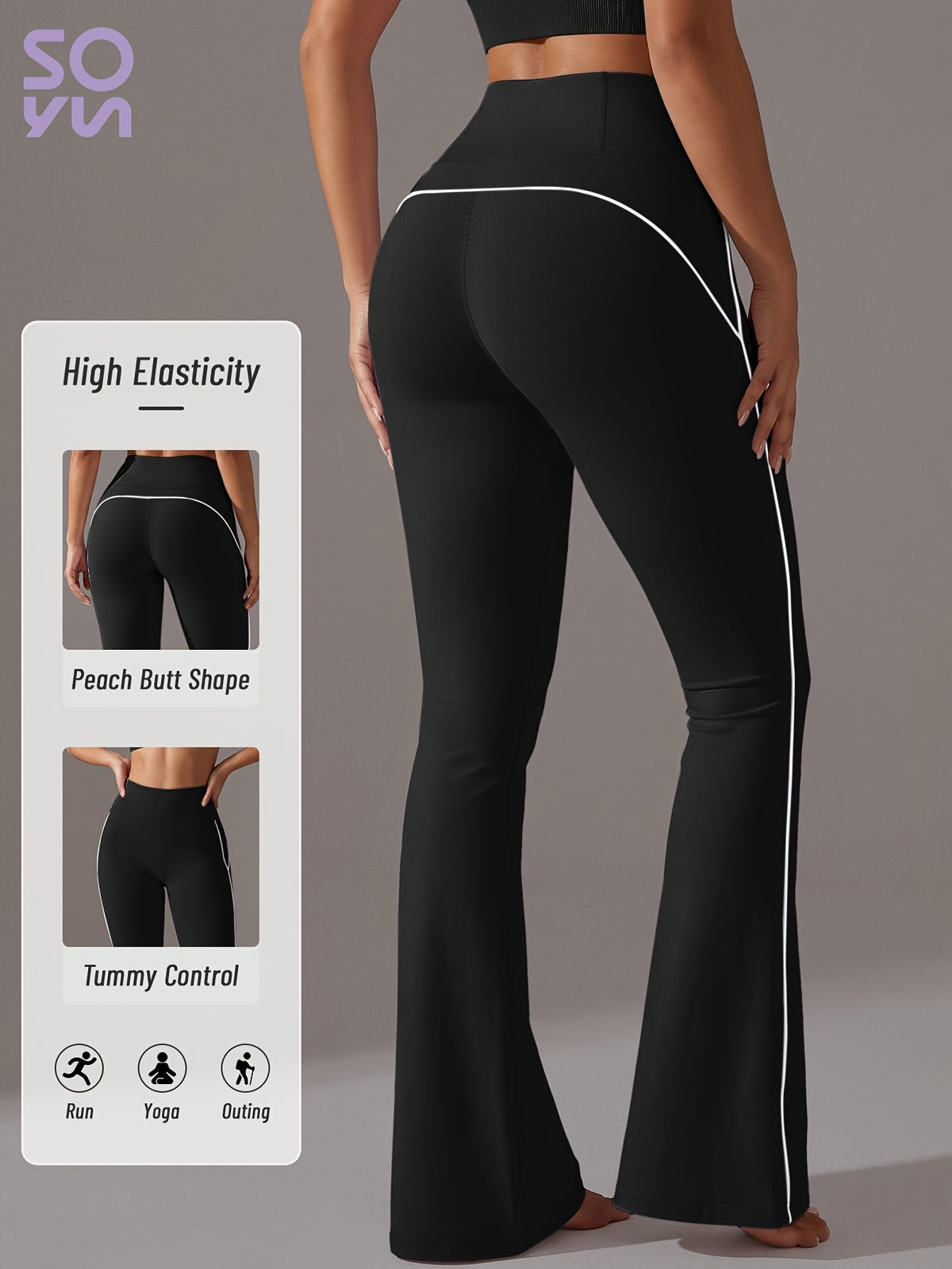 Contrast Line High Waist Flare Pants - As Shown
