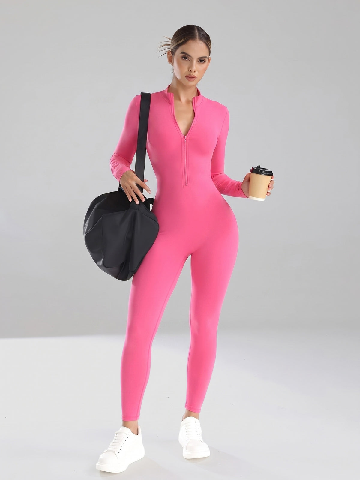 Half Zip Stand Collar Unitard - Bright Pink