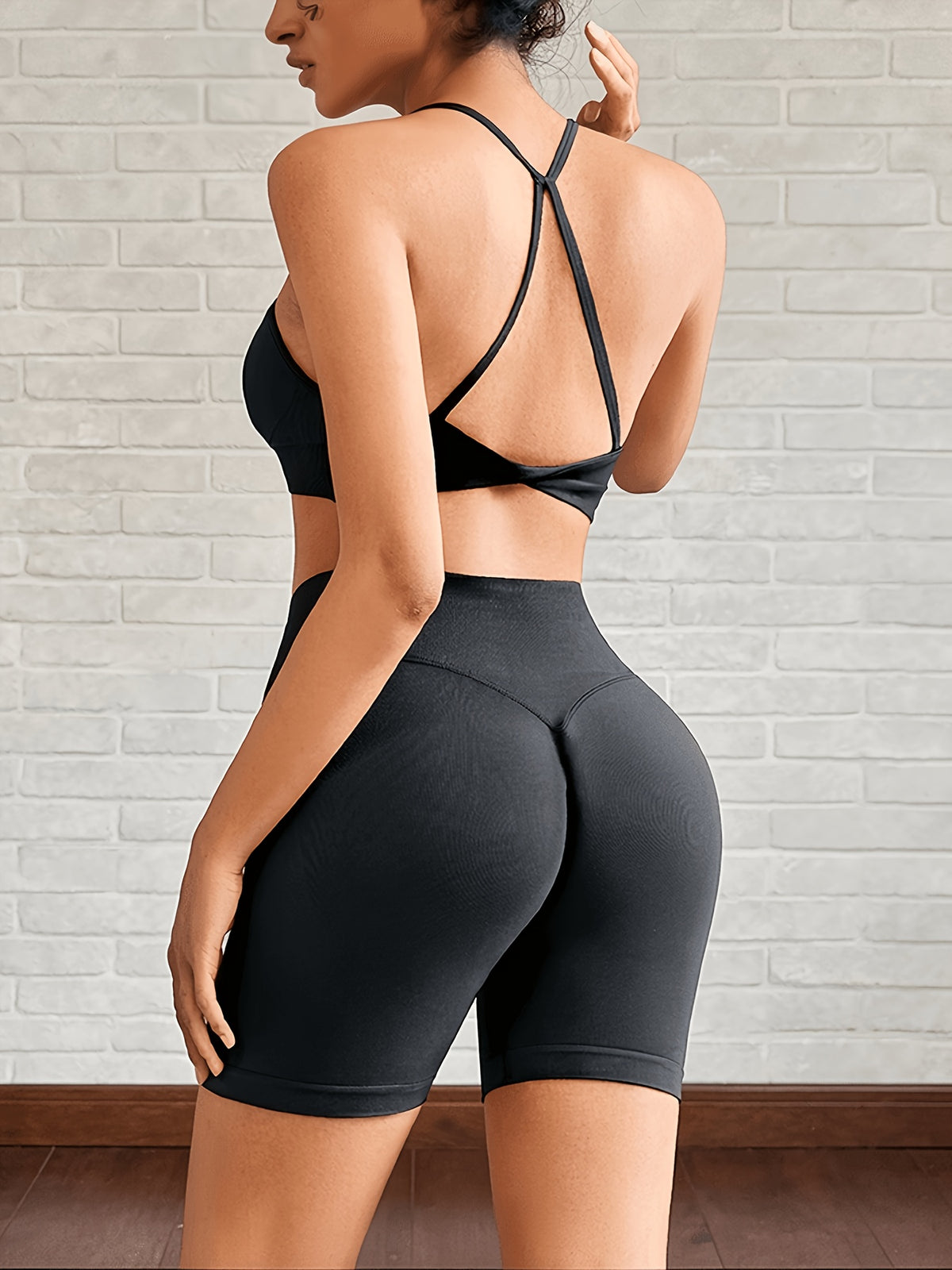 Square Neck Crop Top & Cycling Shorts Set - Black