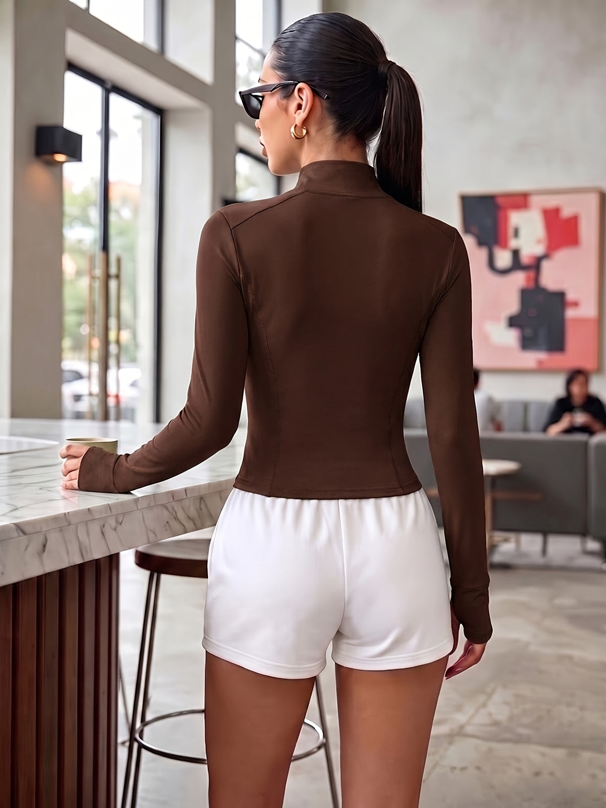 Slim Fit Stand Collar Zip Jacket - Coffee