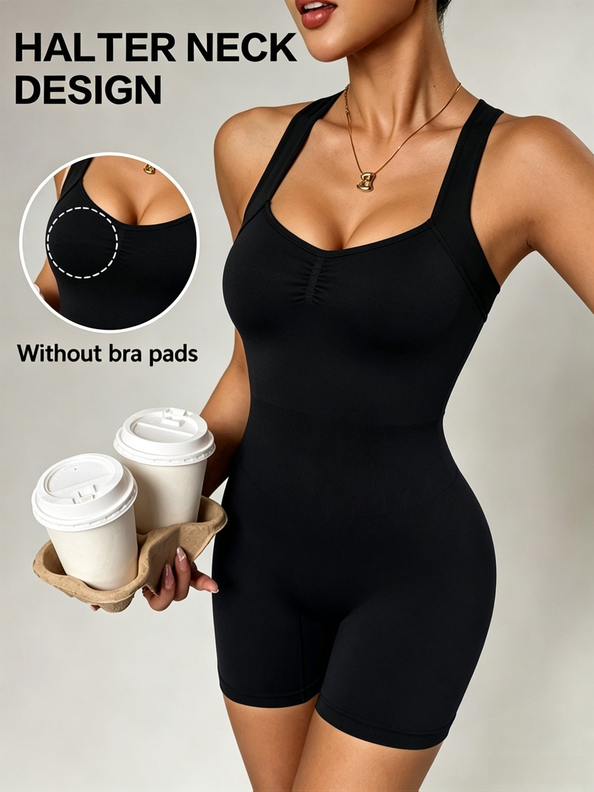 Halter Cross Back Romper - Black