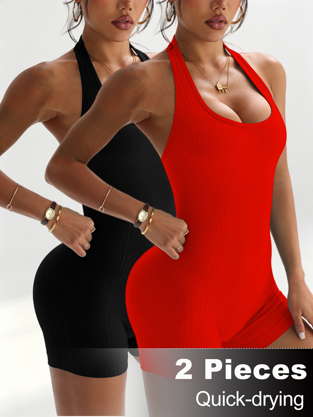 2 Pack Halter Cutout Back Romper - Black+Red