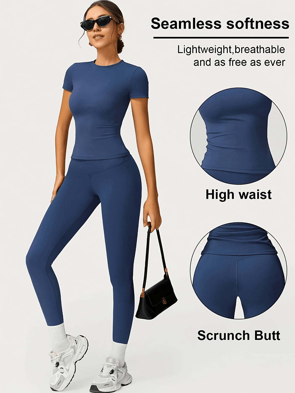 Slim Round Neck Top & Lifting Leggings Set - Navy