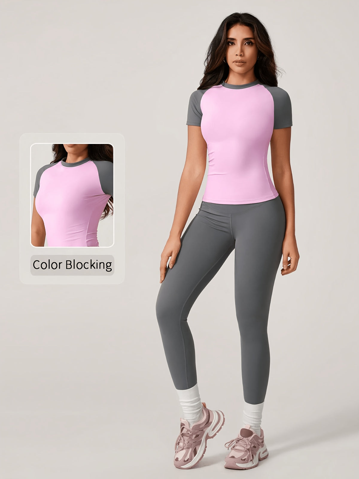 Colour Block Tee & Leggings Set - Pink & Grey