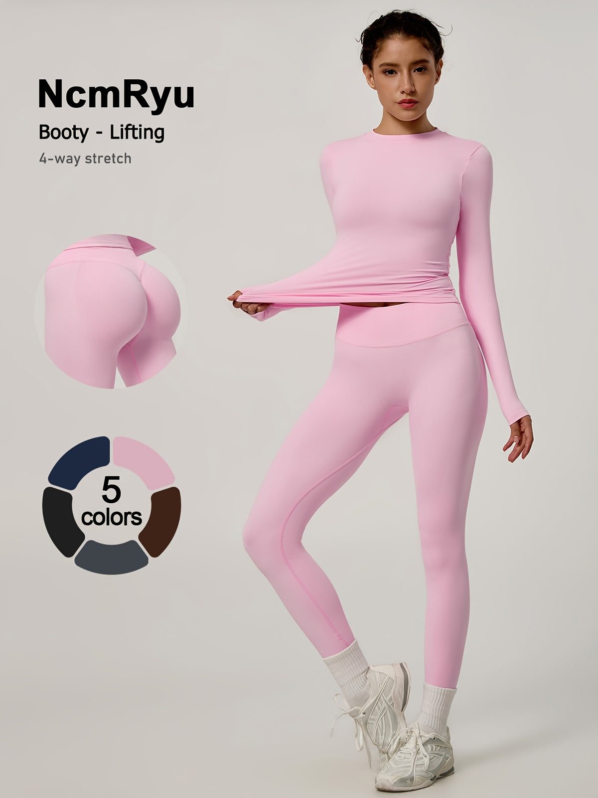 Long Sleeve Top & Seamless Leggings Set - Pink