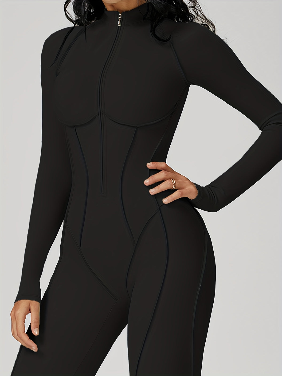 Half Zip Long Sleeve Jumpsuit - Black