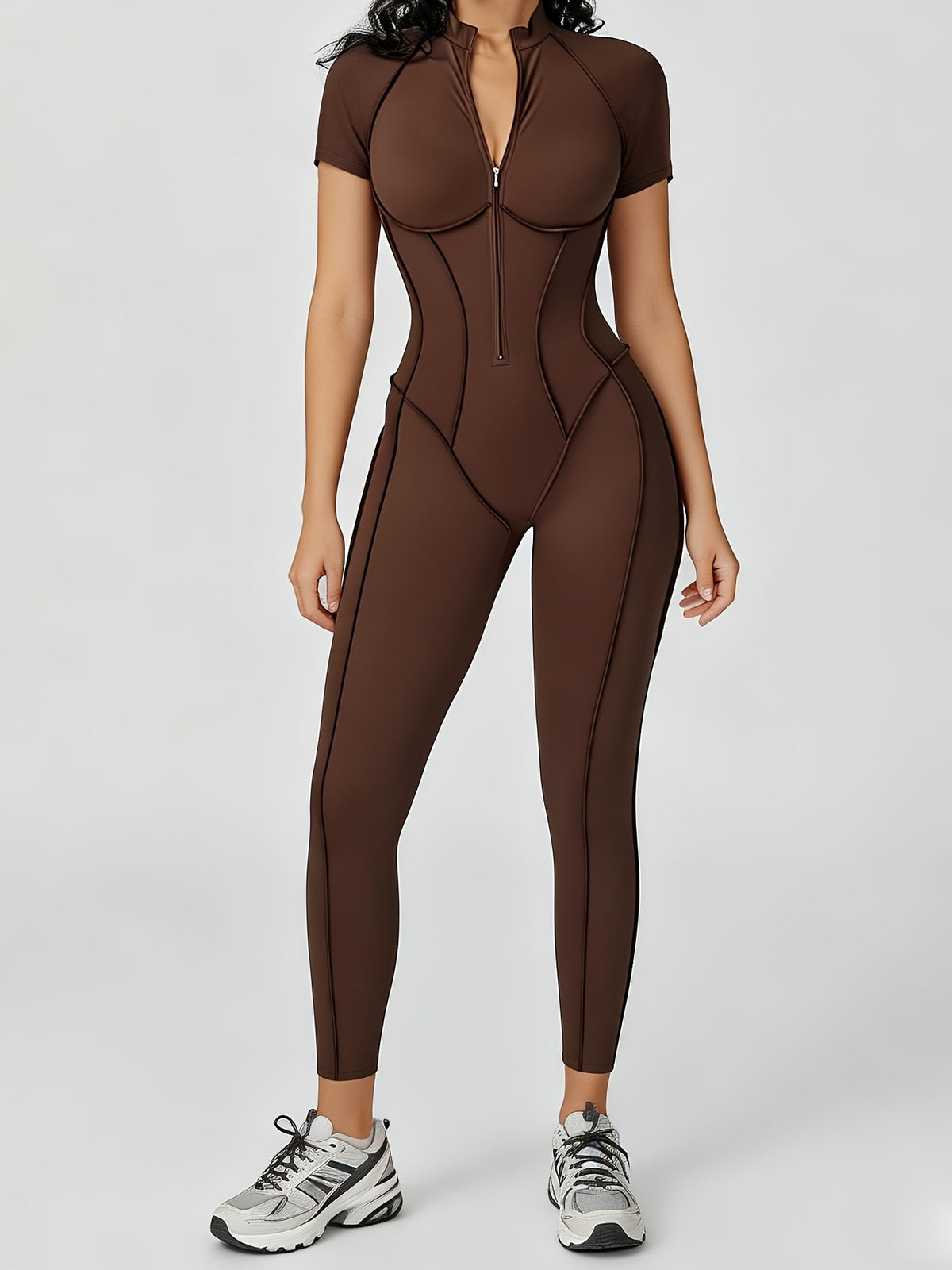 Short Sleeve Half Zip Jumpsuit - Coffee