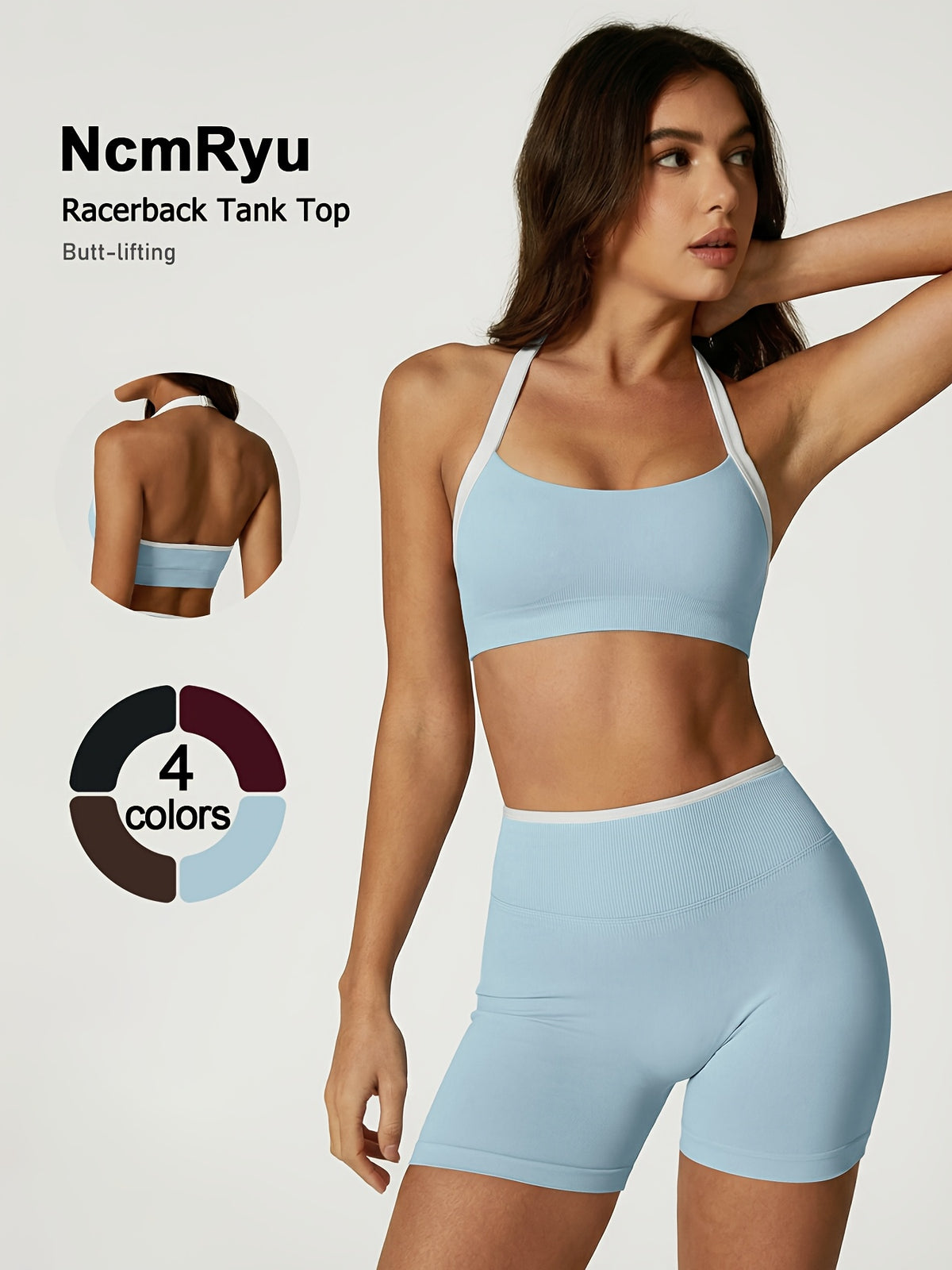 Contrast Trim Halter Bra & Shorts Set - Baby Blue