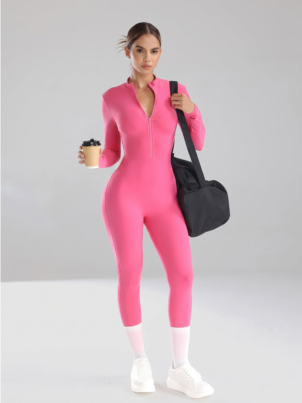 Half Zip Stand Collar Unitard - Bright Pink