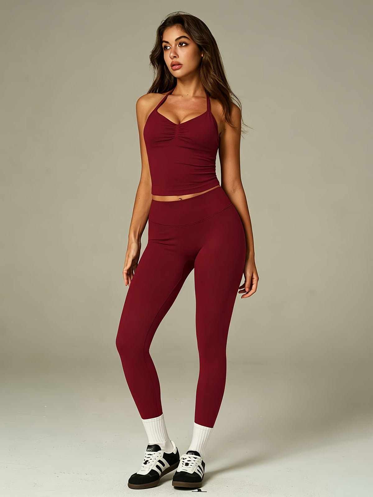 High Neck Pleated Backless Top & Leggings Set - Burgundy