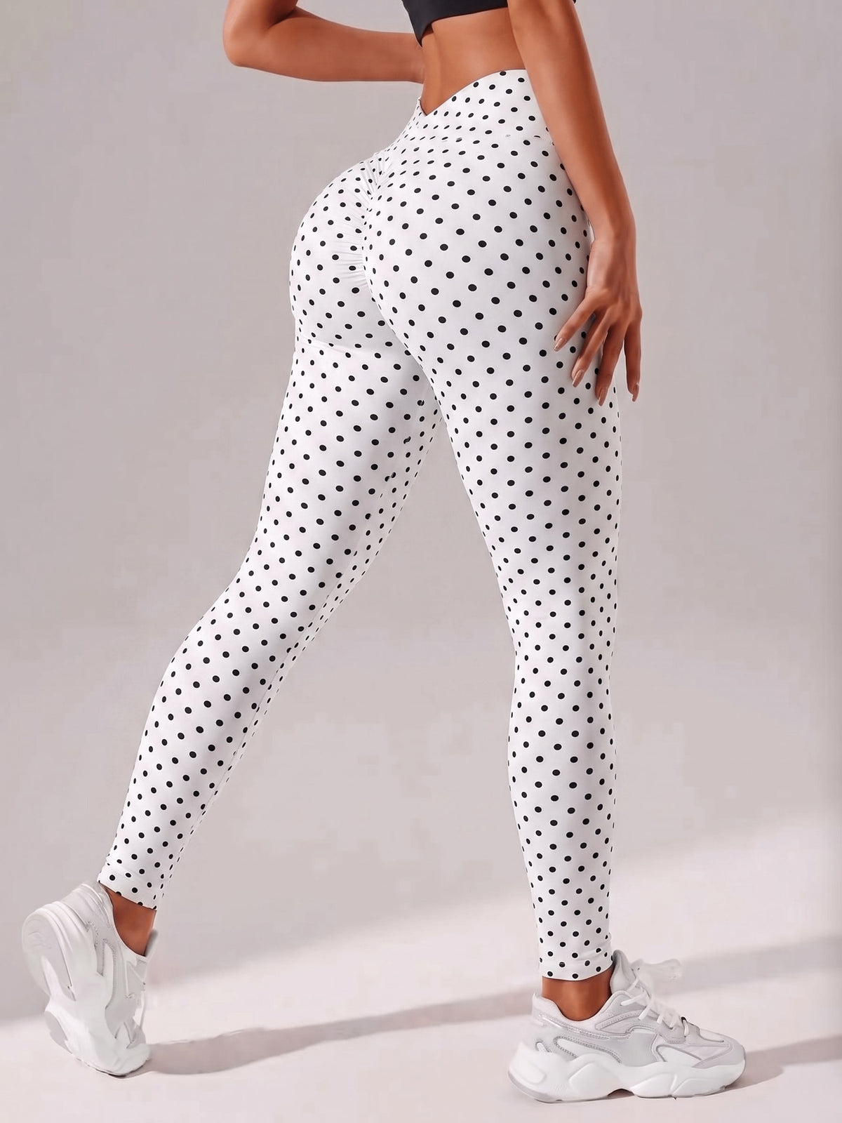 Polka Dot V Back Waist Leggings - Black Dots On White Background