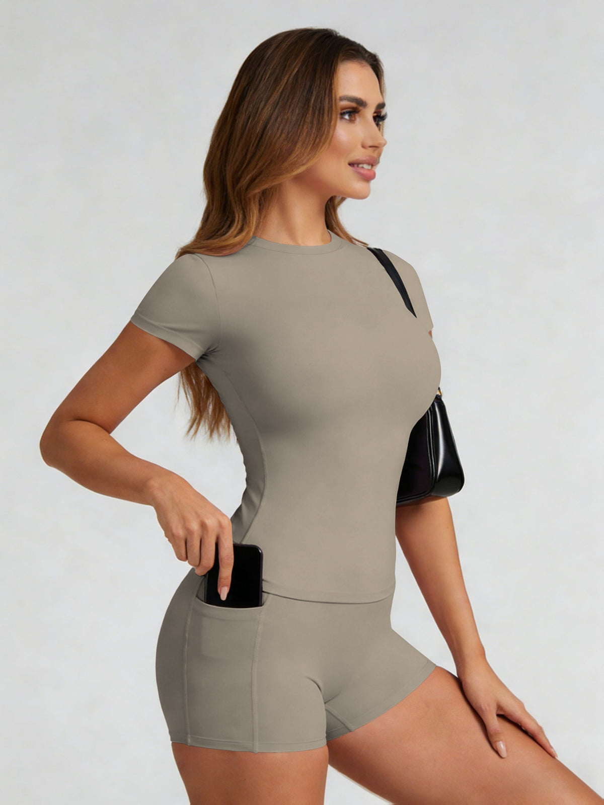 Tummy Control Top & Pocket Shorts Set - Gray Coffee