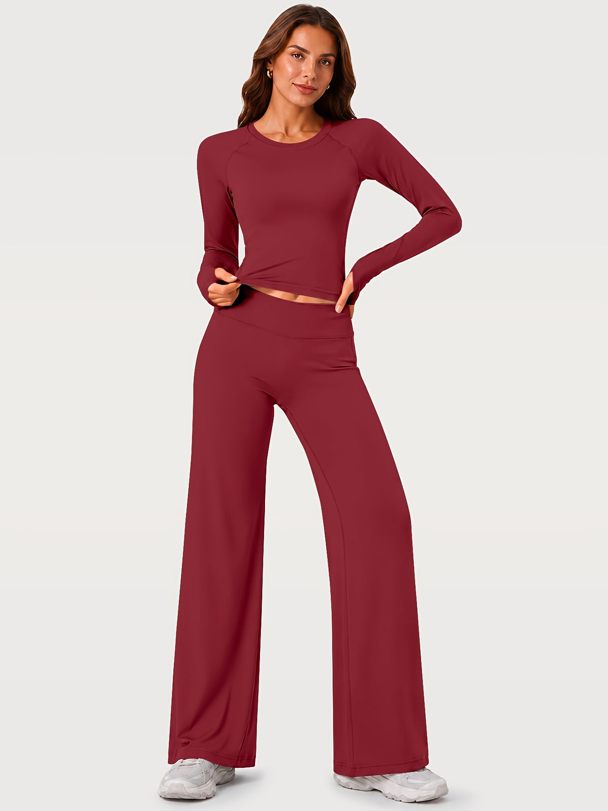 Thumbhole Top & Wide Leg Yoga Pants Set - Burgundy