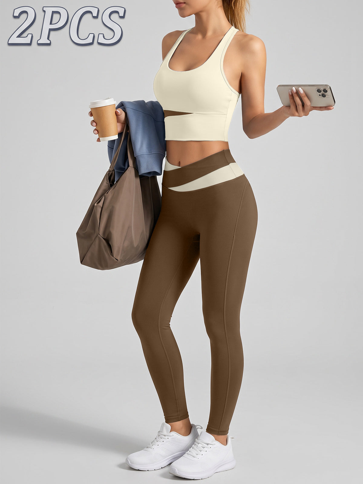 Letter Back Bra & Crossover Waist Leggings Set - Ivory White & Cocoa