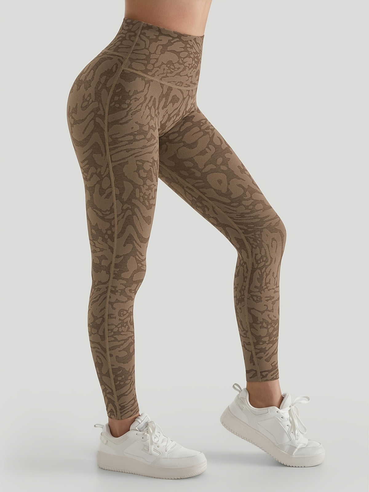 Non-Sheer Full Length Elastic Waist Leggings - Brown Leopard