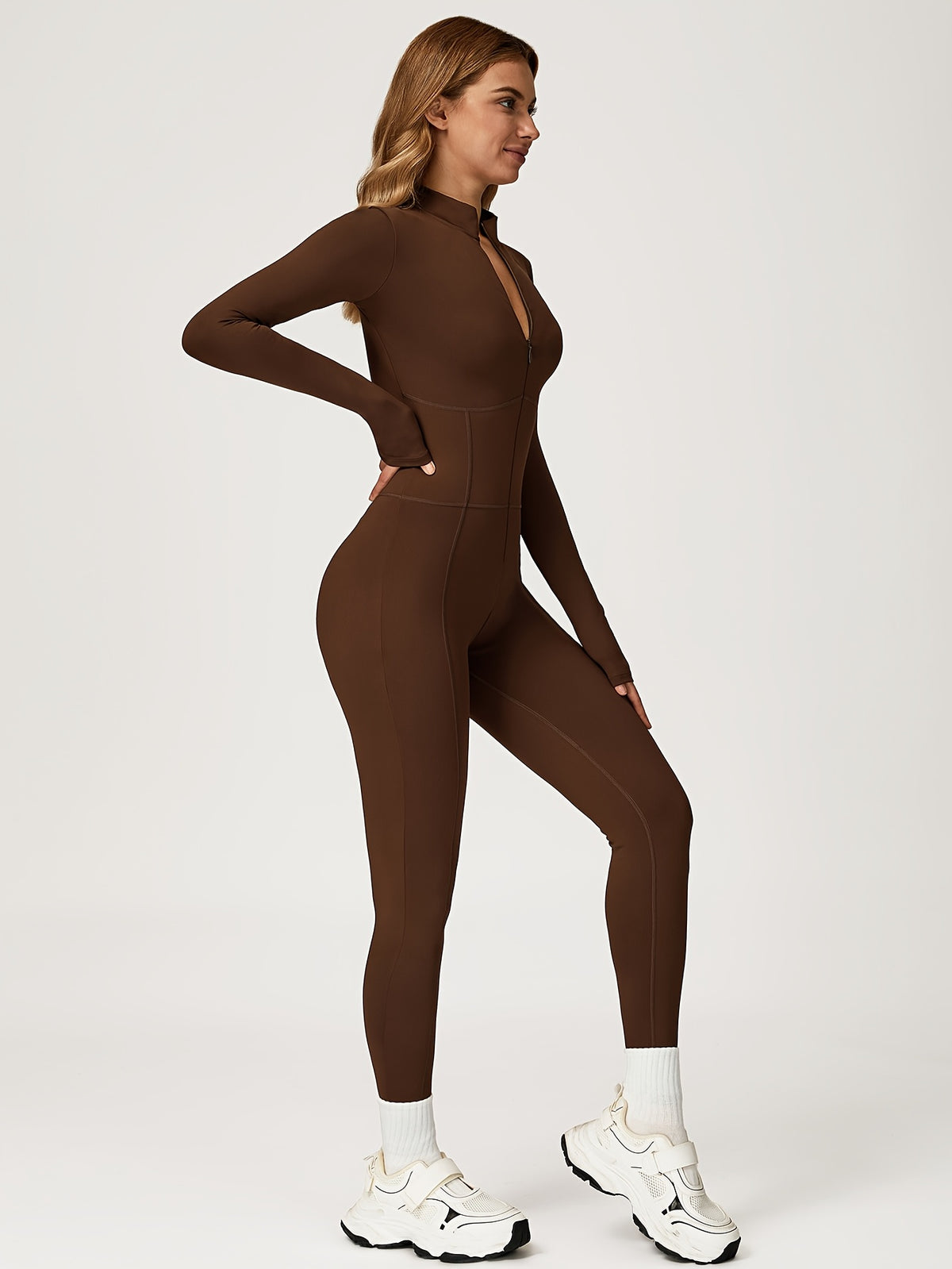 Zip Front Fitted Bodysuit - Coffee