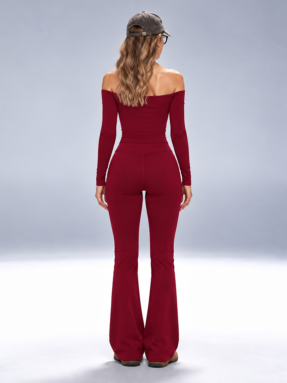 One-Shoulder Long Sleeve & Flare Pants Set - Burgundy